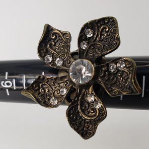 Antique Bronze Tone Flower Stretch Ring with Crystal Accents